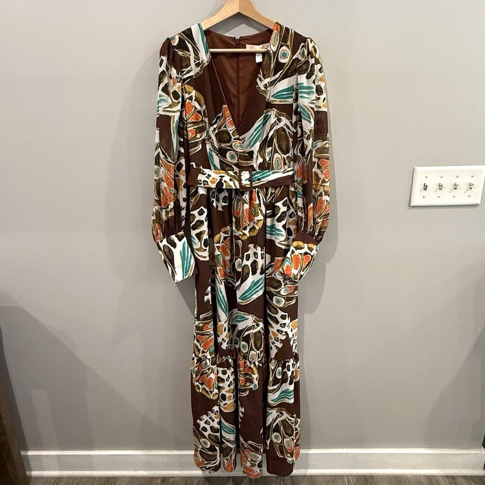 Hutch Lera Maxi Dress Tiered Long Sleeve Butterfly Belted Anthropologie 2 Brown